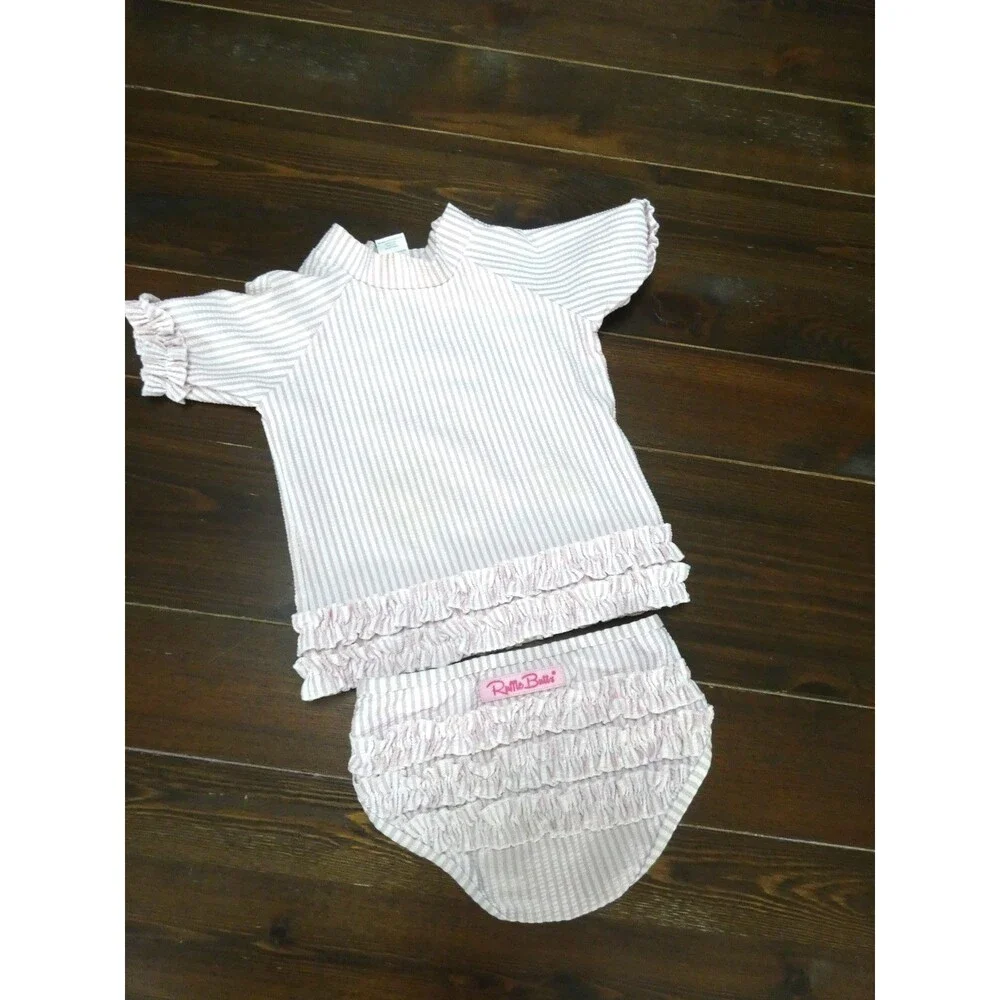 Ruffle Butts Girls 3T Swim Suit Set Pink White Striped Long Sleeve Top & Bottom